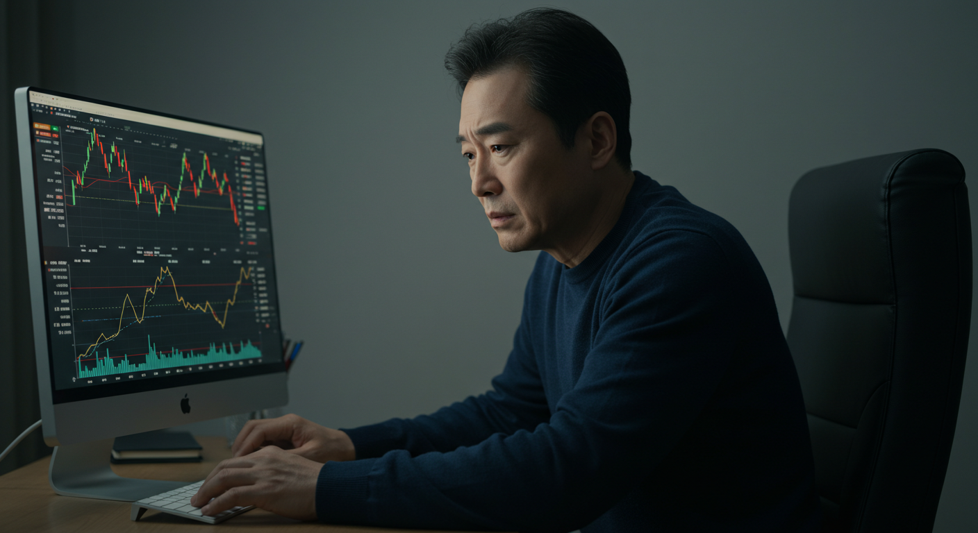 코스피 박스권 패턴을 분석하며 매매 전략을 세우는 개인투자자의 주식 차트 모니터링