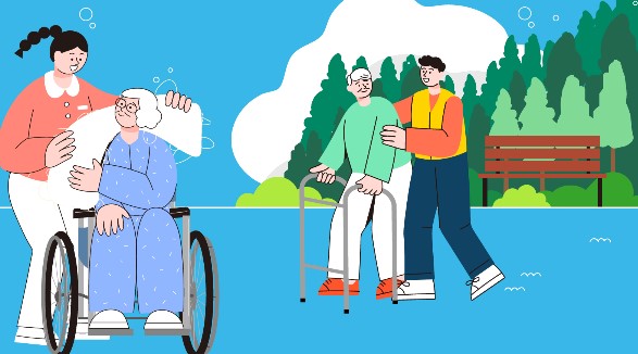 장기요양보험 돌봄 서비스 이미지, 요양보호사가 휠체어 어르신과 지팡이 든 어르신을 케어하는 모습