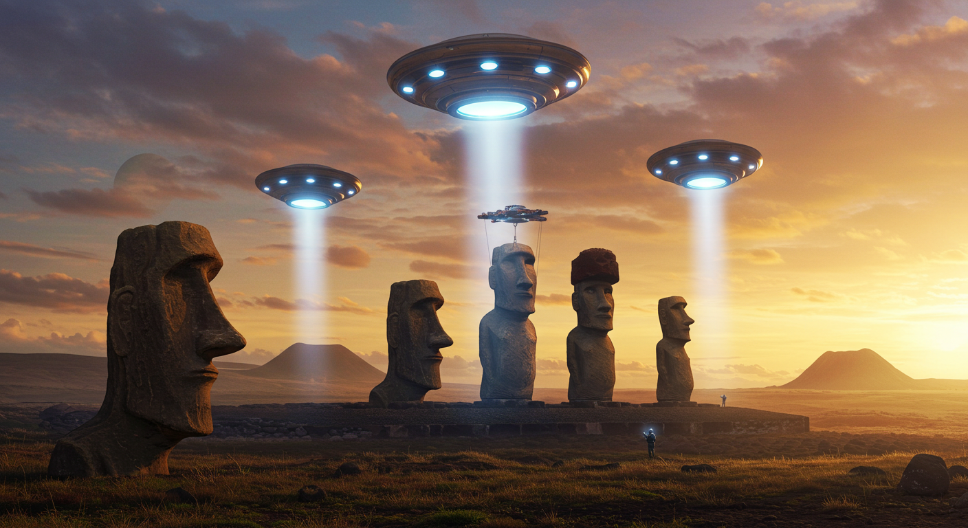이스터섬 모아이 석상 외계인 UFO 운반 이론 고대 우주인 가설 미스터리 상상도