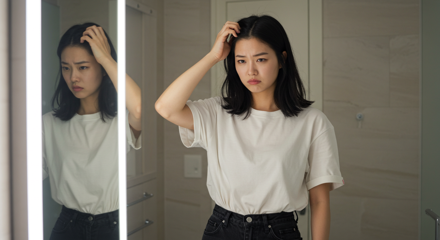 두피 가려움과 비듬으로 고민하는 20대 여성이 머리카락을 만지며 거울을 보고 있는 모습