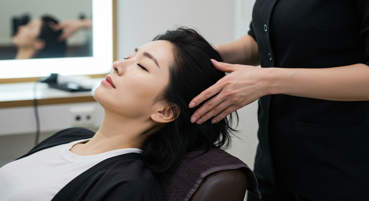 헤어샵에서 전문가에게 두피 마사지를 받고 있는 여성, 비듬 제거를 위한 올바른 두피 관리법