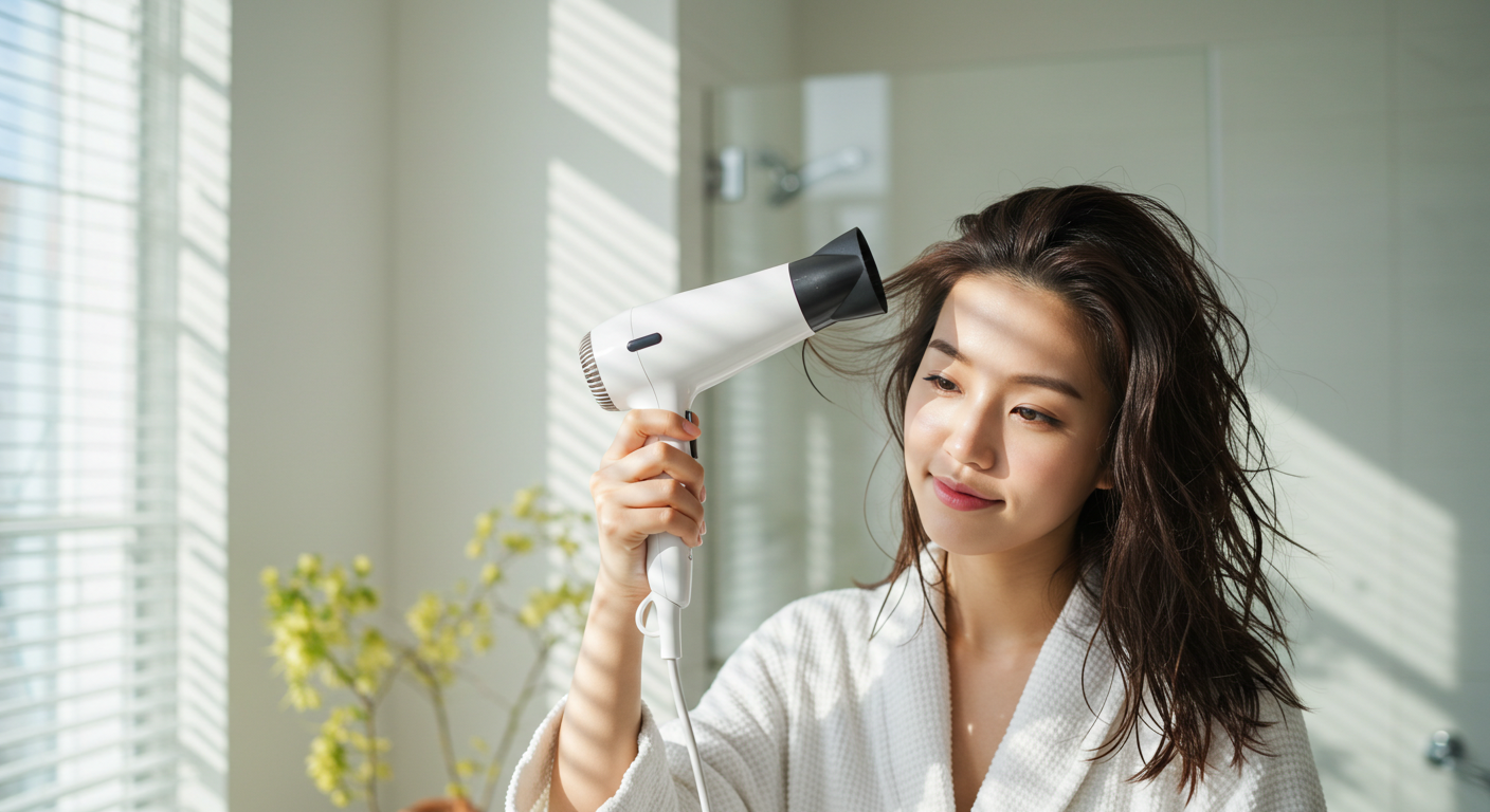 샴푸 후 드라이기로 머리를 말리는 여성, 비듬 예방을 위한 올바른 두피 건조 방법