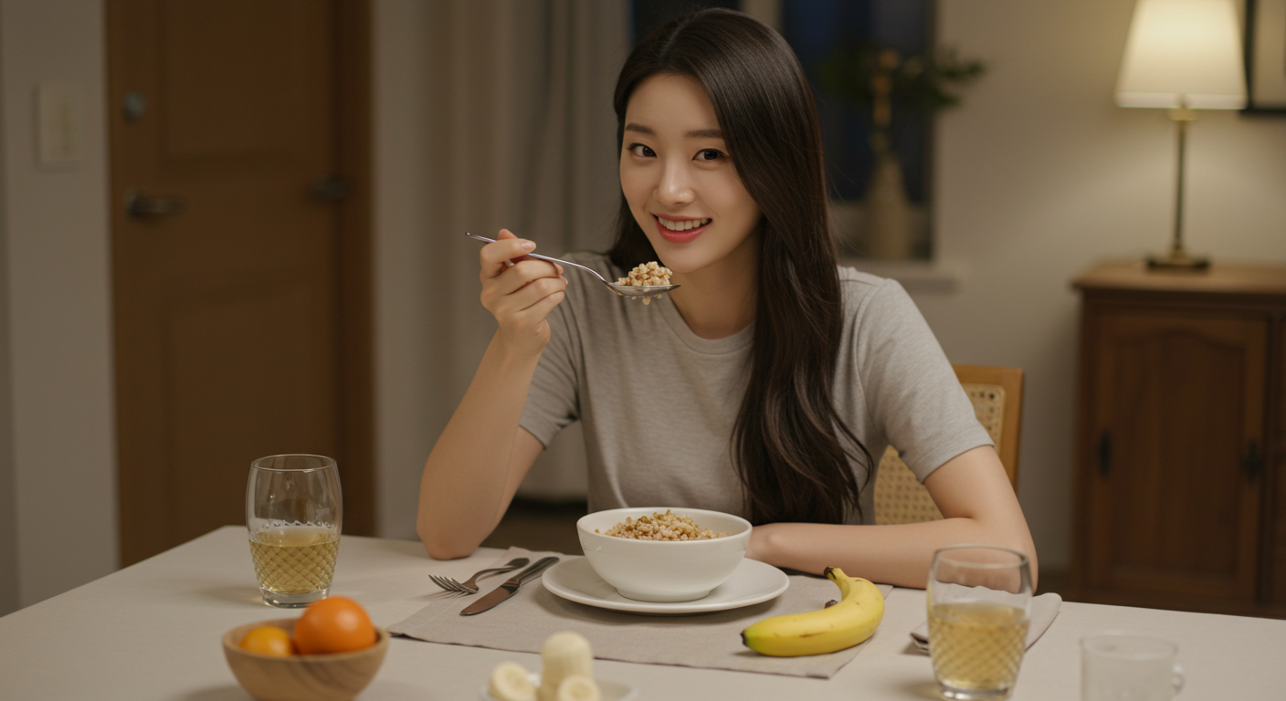 비듬 예방을 위해 비타민이 풍부한 통곡물 시리얼과 바나나를 먹고 있는 여성, 균형 잡힌 건강 식단