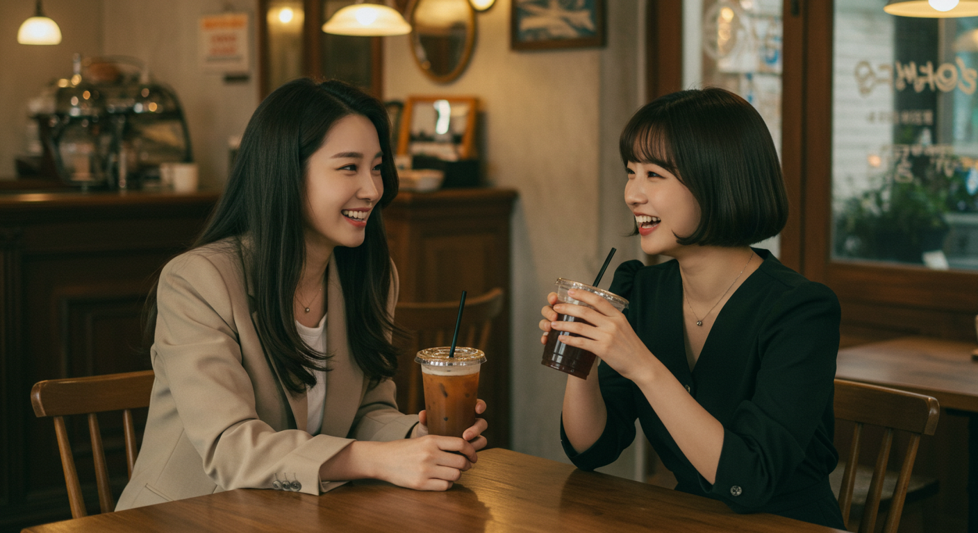 카페에서 아이스 커피를 마시며 즐겁게 대화하는 두 여성, 커피 문화와 일상