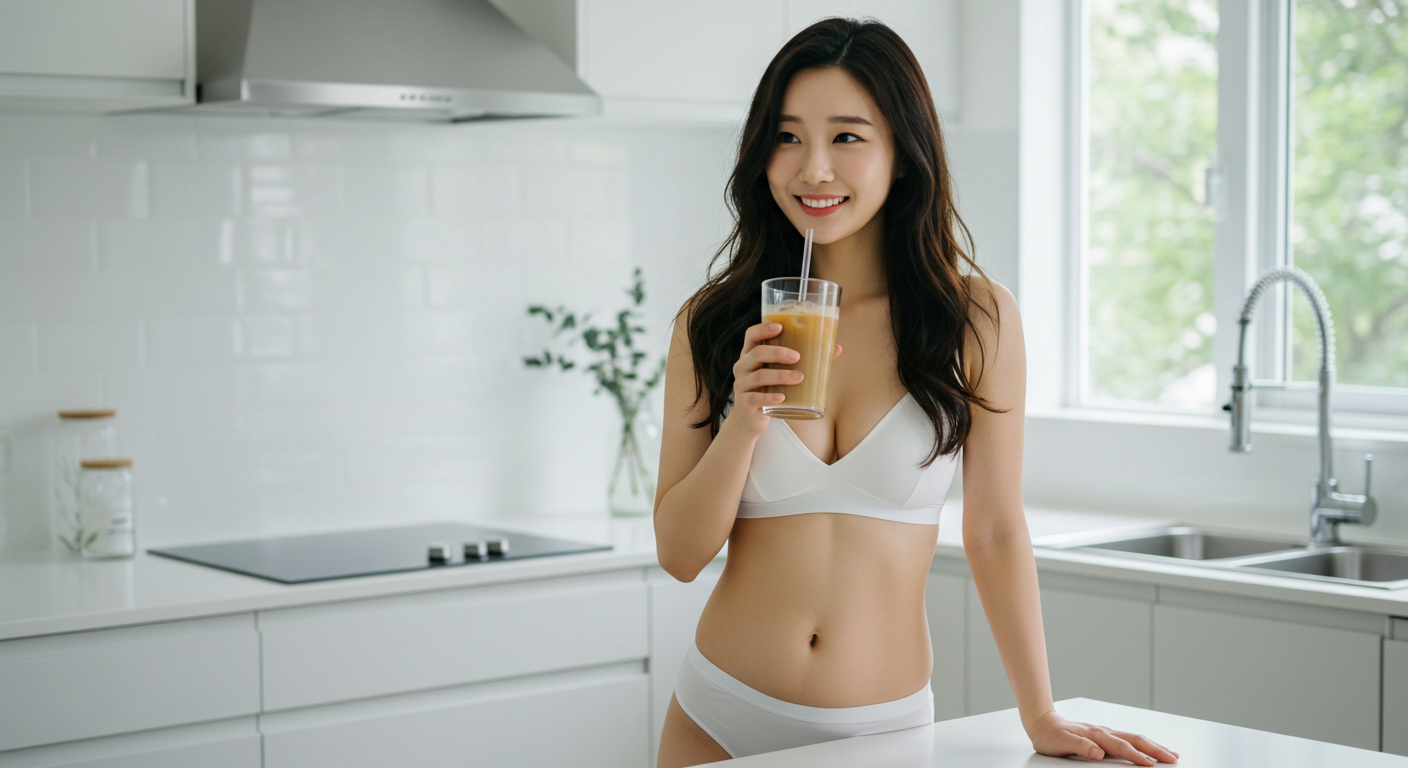 밝은 주방에서 아침에 아이스 커피를 마시며 활기찬 하루를 시작하는 여성