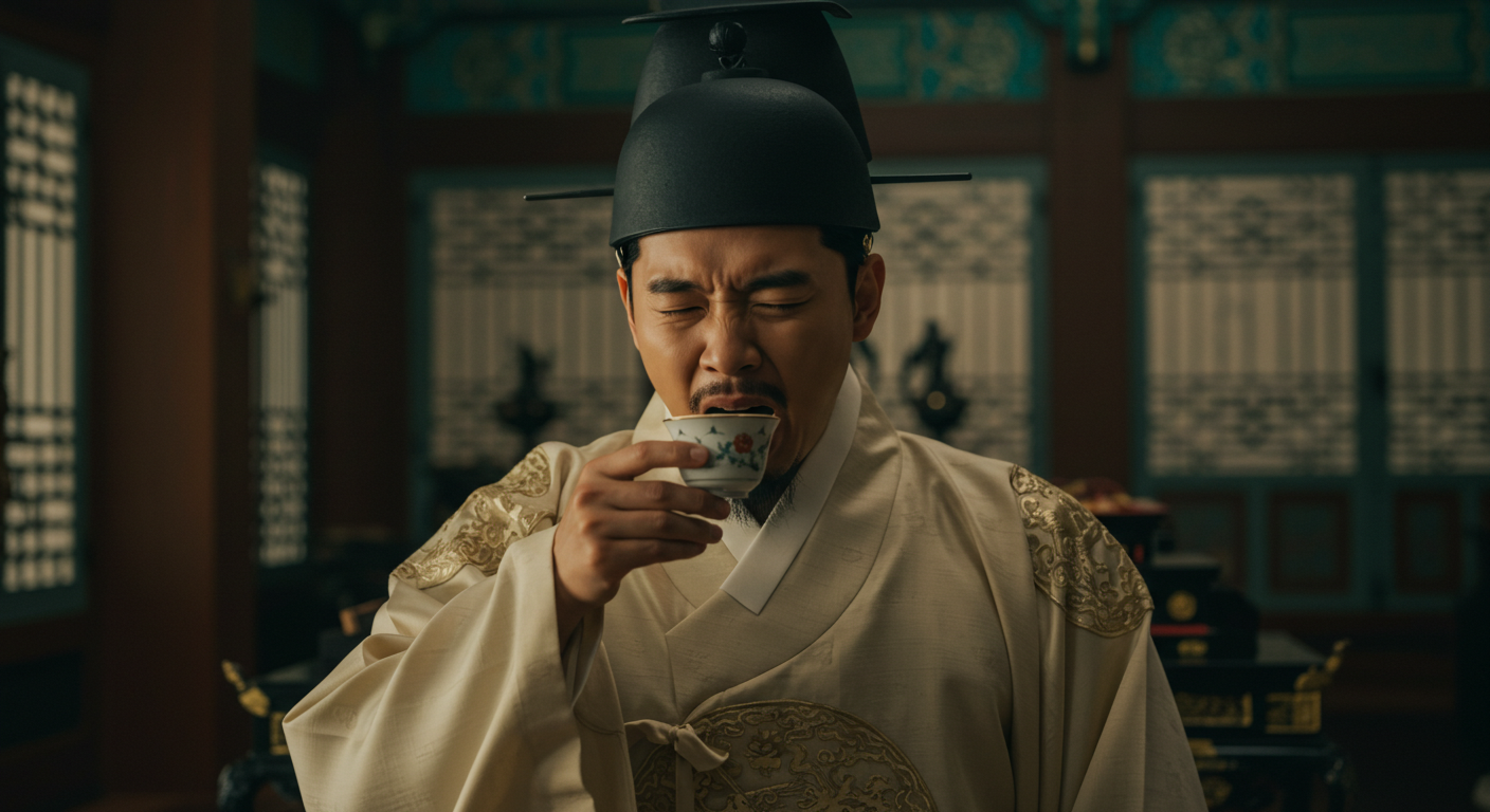 고종 황제가 커피를 음미하는 모습 - 1898년 김홍륙 독살 미수 사건과 관련된 역사적 장면