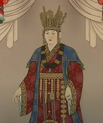 선덕여왕 초상화—황금관과 예복을 갖춘 신라 여왕의 모습, 통일 후 황금관이 사라진 이유를 설명하는 역사 이미지