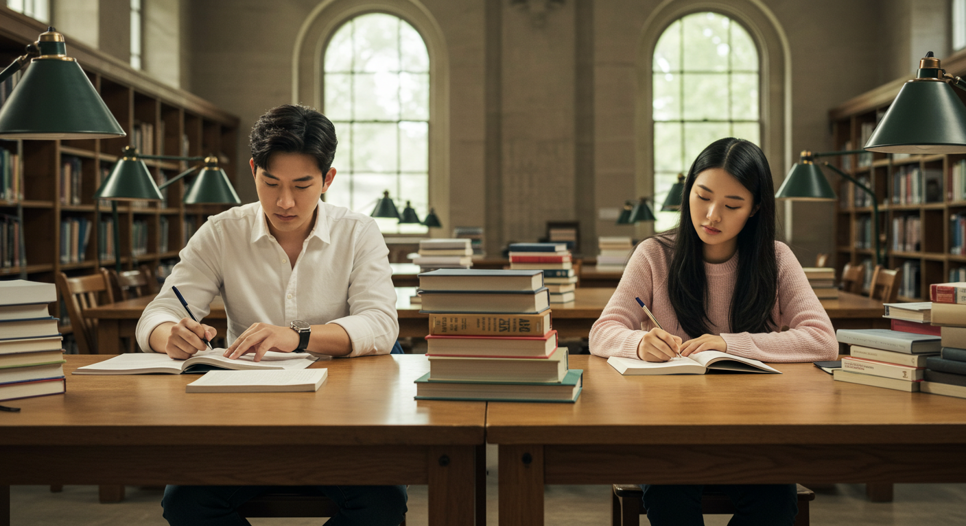 도서관에서 공부하는 20대를 담은 사진, 컴활2급·GTQ·바리스타2급·ADsP 같은 단기 자격증 준비를 상징