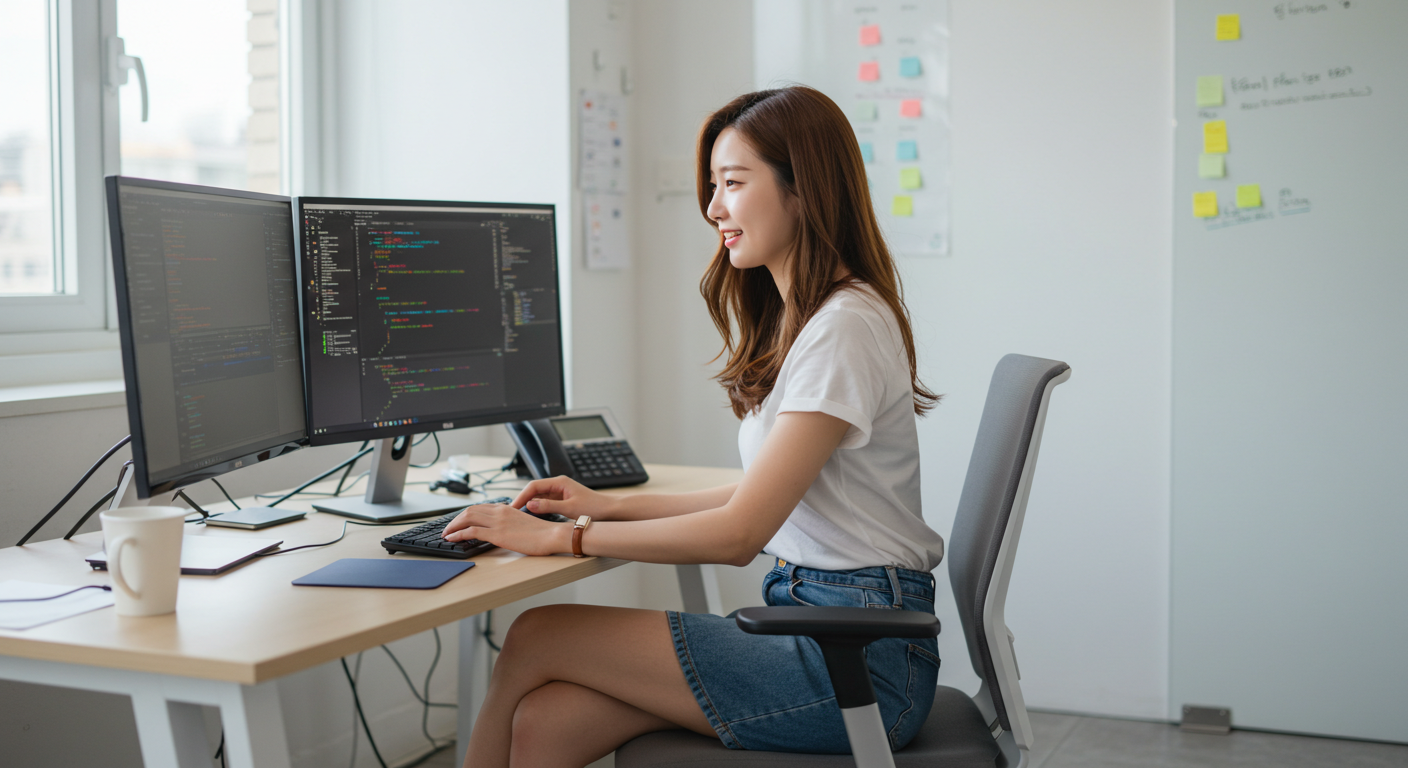 컴퓨터활용능력 2급 취득 후 사무직에서 더블 모니터로 업무하는 20대 직장인, 단기 자격증으로 취업 경쟁력 강화