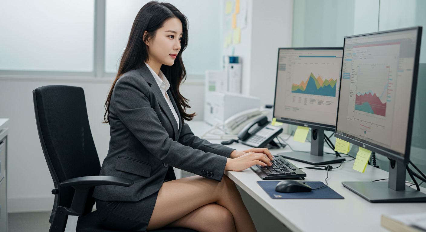 전산회계 2급 자격증 취득 후 더블 모니터로 회계 데이터를 처리하는 20대 사무직, 단기 자격증으로 취업 경쟁력 강화