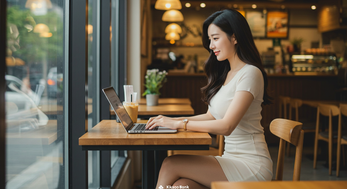 카카오뱅크 전세자금대출 가능 여부를 노트북으로 조회 중인 프리랜서 여성, 4대보험 없이 신청 가능한 방법 확인 장면