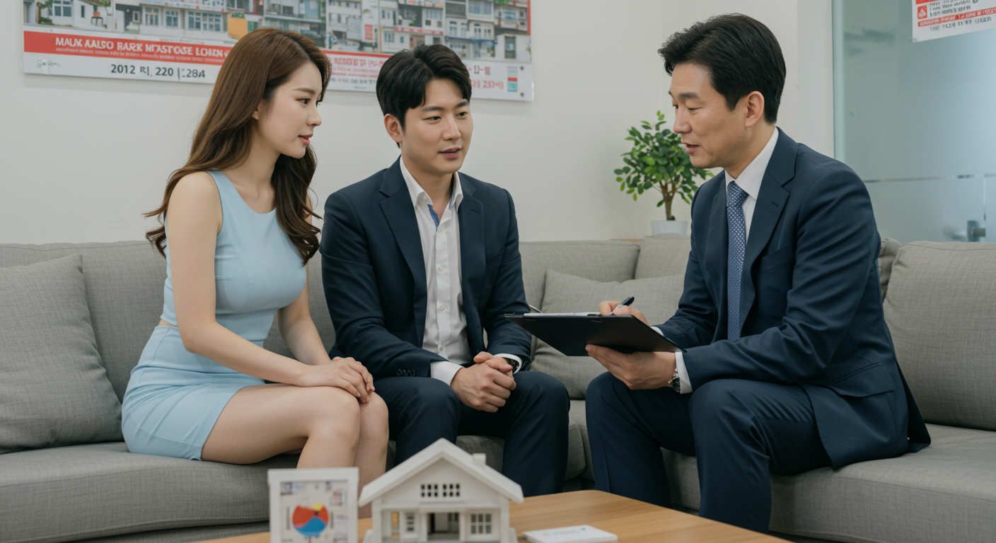 프리랜서 부부가 은행 창구에서 전세자금대출 심사 조건과 절차를 상담받는 모습, 4대보험 없이도 신청 가능한 방법 안내 장면