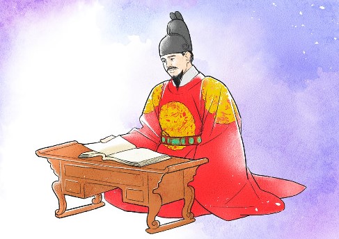 책상을 앞에 두고 글을 살피는 임금을 묘사한 일러스트로, ‘세종대왕의 유언’ 주제를 해설하며 성군의 혁신과 업적을 상징적으로 보여주는 장면입니다.