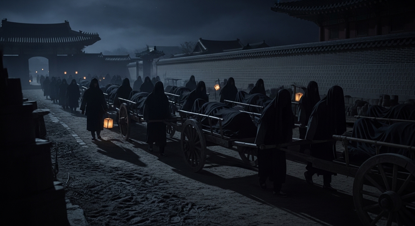 조선시대 한양의 검은 행렬 실체, 상여 수레에 시신을 싣고 궁궐 담장을 지나는 백성들의 야간 운구 행렬