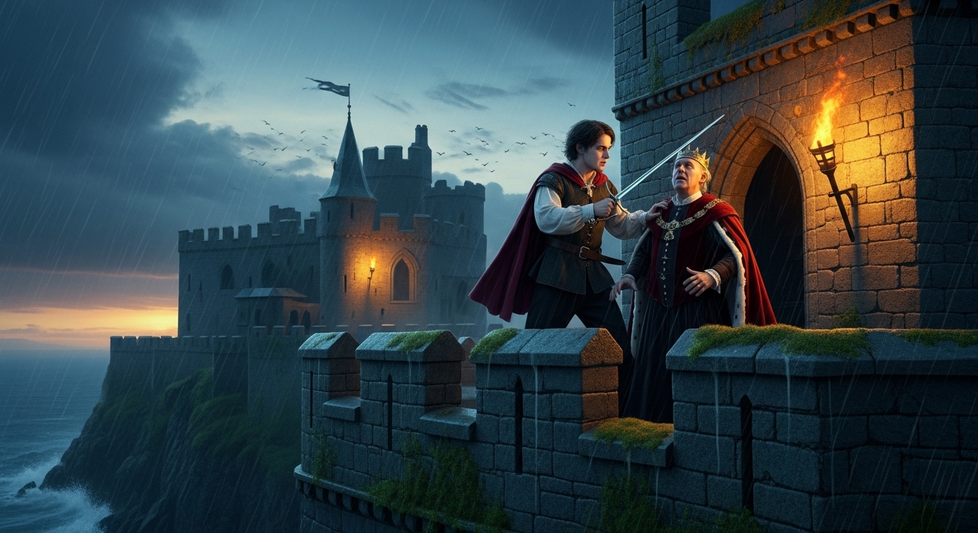 셰익스피어 4대 비극 햄릿의 한 장면, 성벽 위에서 왕자 햄릿이 왕과 검으로 대결하는 극적인 복수극 장면, 어두운 하늘과 고성 배경