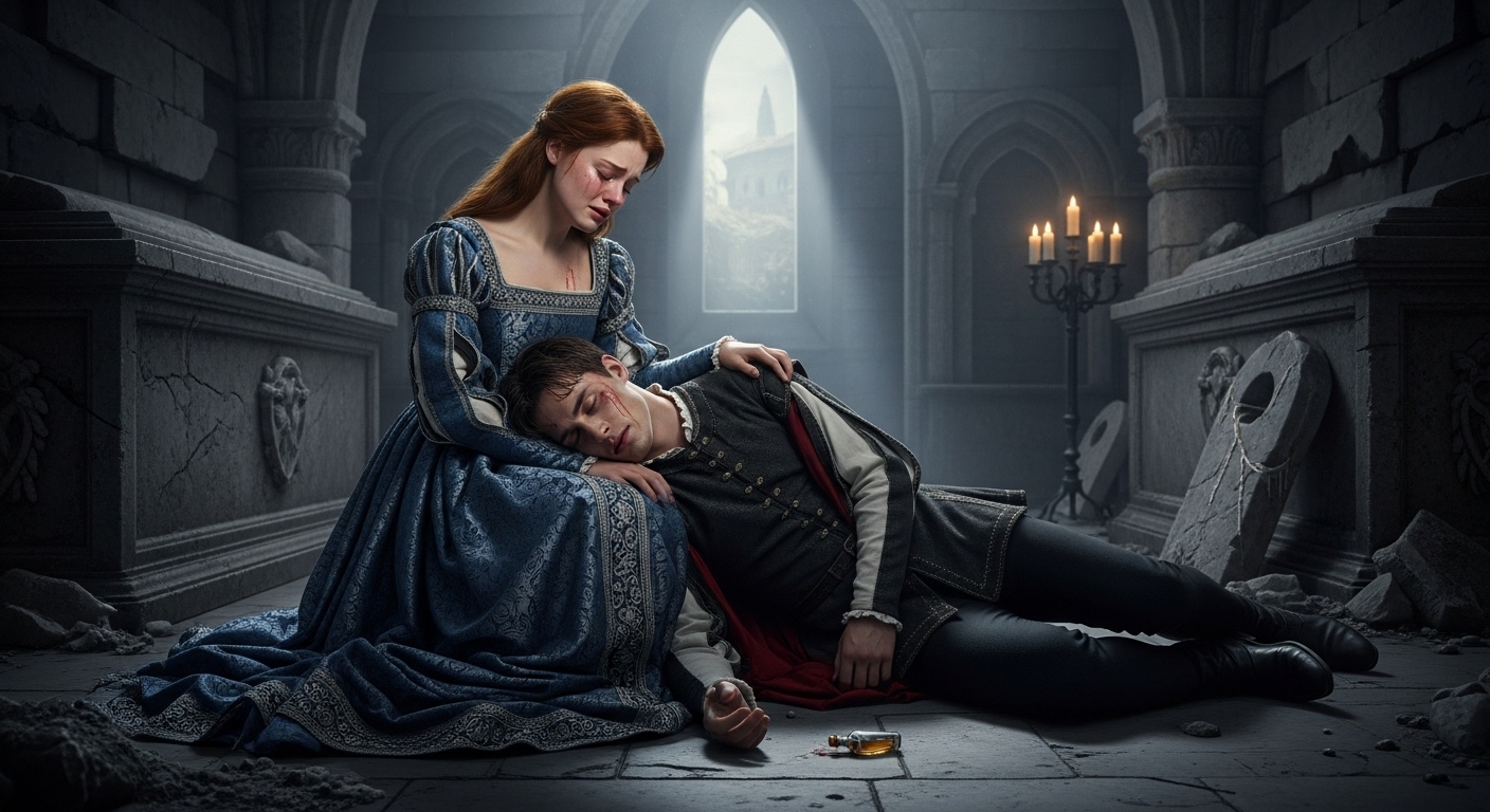 셰익스피어 로미오와 줄리엣의 비극적 마지막 장면, 성당 안에서 줄리엣이 죽어가는 로미오를 안고 있는 모습, 신분 차이를 넘은 운명적 사랑의 비극