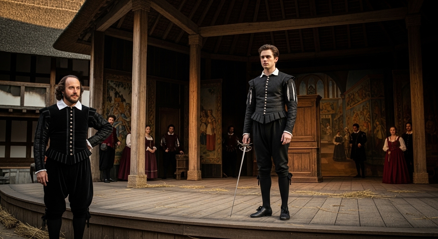 16세기 글로브 극장에서 셰익스피어 연극이 공연되는 장면, 원형 무대 위에서 배우들이 검을 든 채 연기하고 관객들이 지켜보는 당시 연극 문화