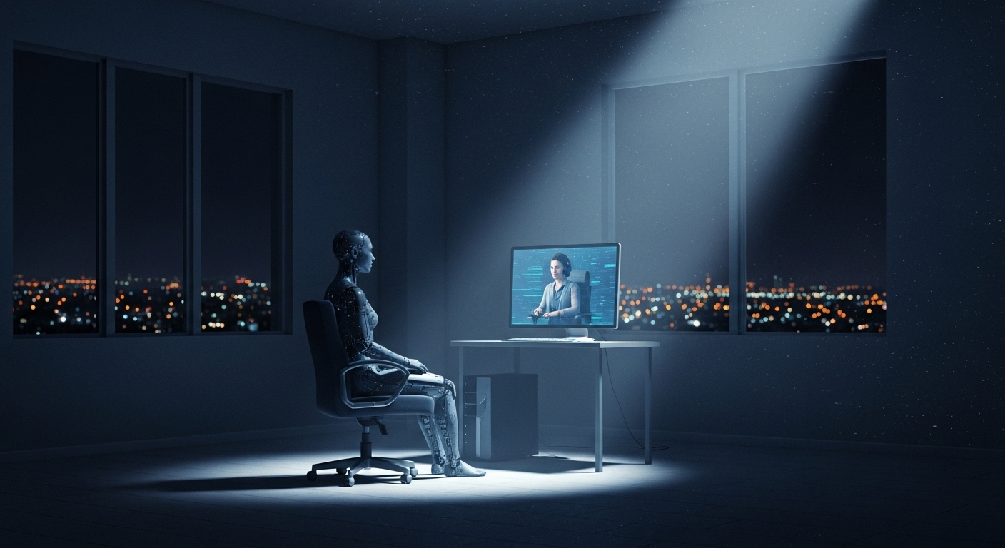 어두운 밤 사무실에서 AI 로봇이 컴퓨터 화면 속 인간과 외로움에 대해 대화하는 모습