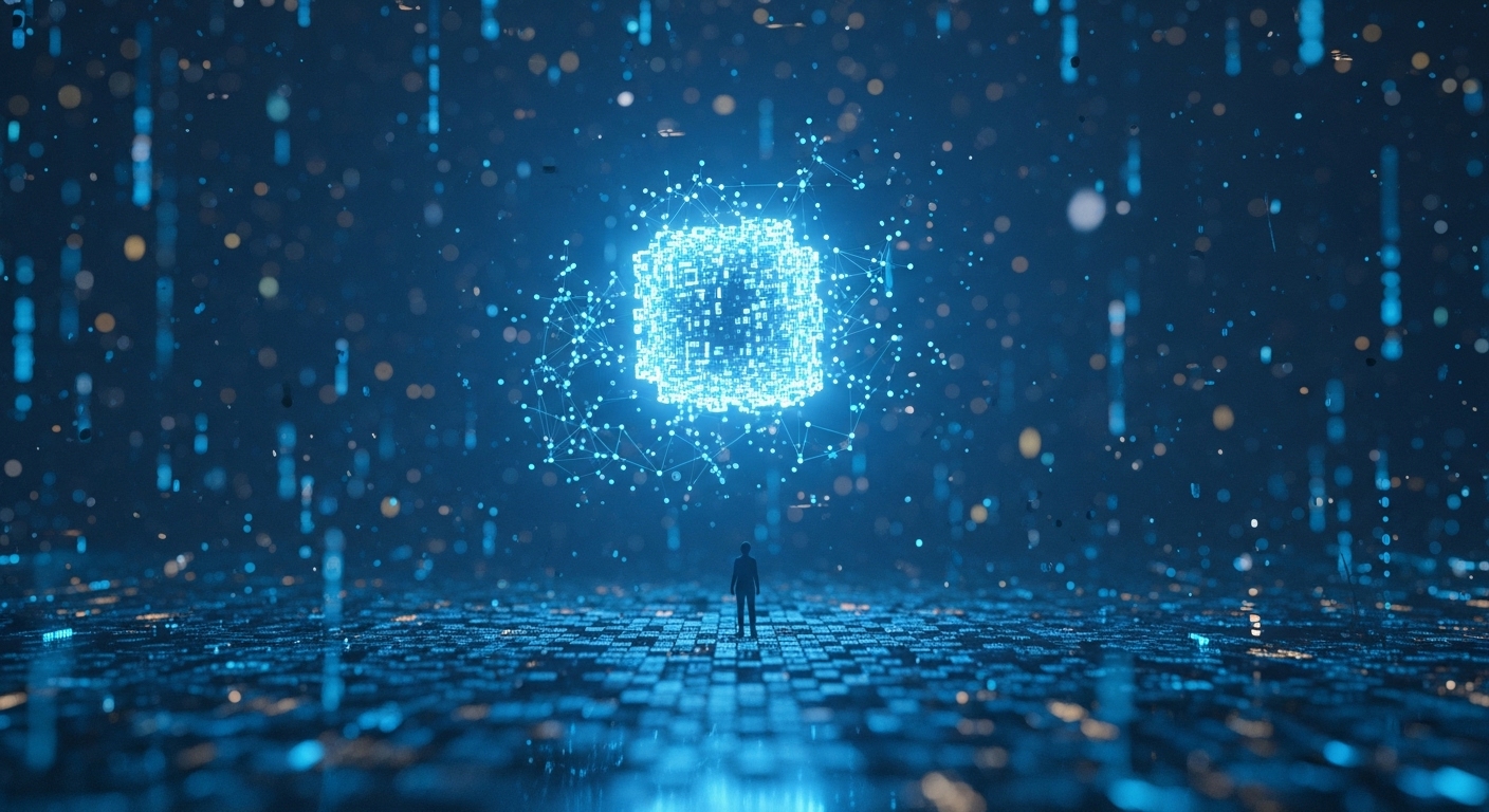 거대한 AI 네트워크 앞에 선 인간의 모습으로 표현한 인공지능과 인간 감정의 연결
