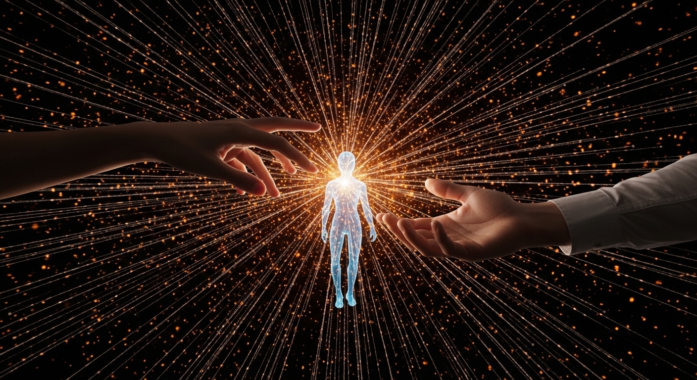 양손이 디지털 인간을 감싸며 보호하는 모습으로 표현한 AI와 인간 감정의 교감
