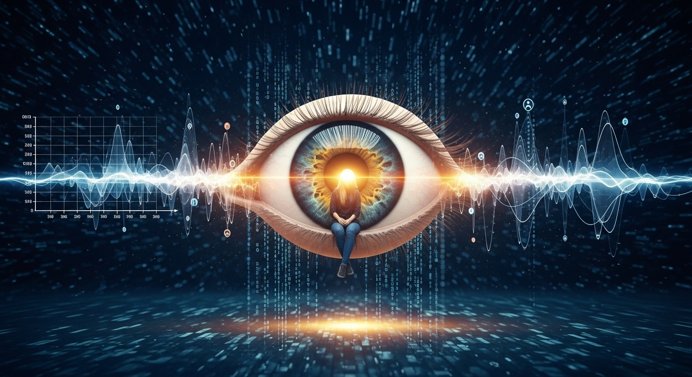 거대한 눈 앞에 선 사람과 데이터 분석 그래프로 표현한 AI의 인간 감정 이해 과정