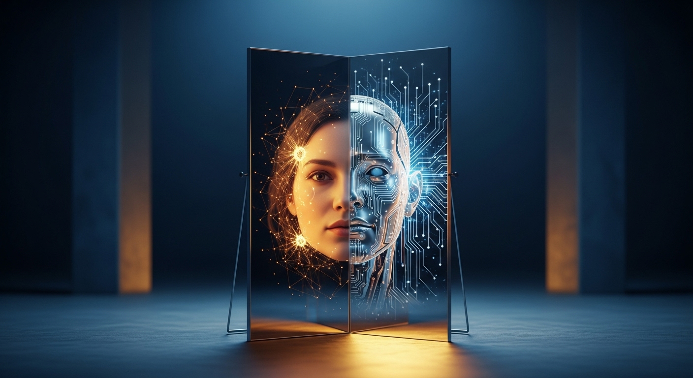 반은 인간 반은 AI로 나뉜 얼굴이 거울에 비친 모습으로 표현한 인공지능과 인간의 관계