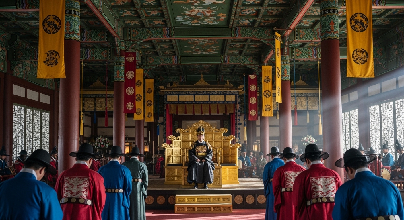 12세 나이로 조선 제6대 왕위에 오른 단종의 즉위식 장면, 황금 어좌 앞에 선 어린 왕과 신하들
