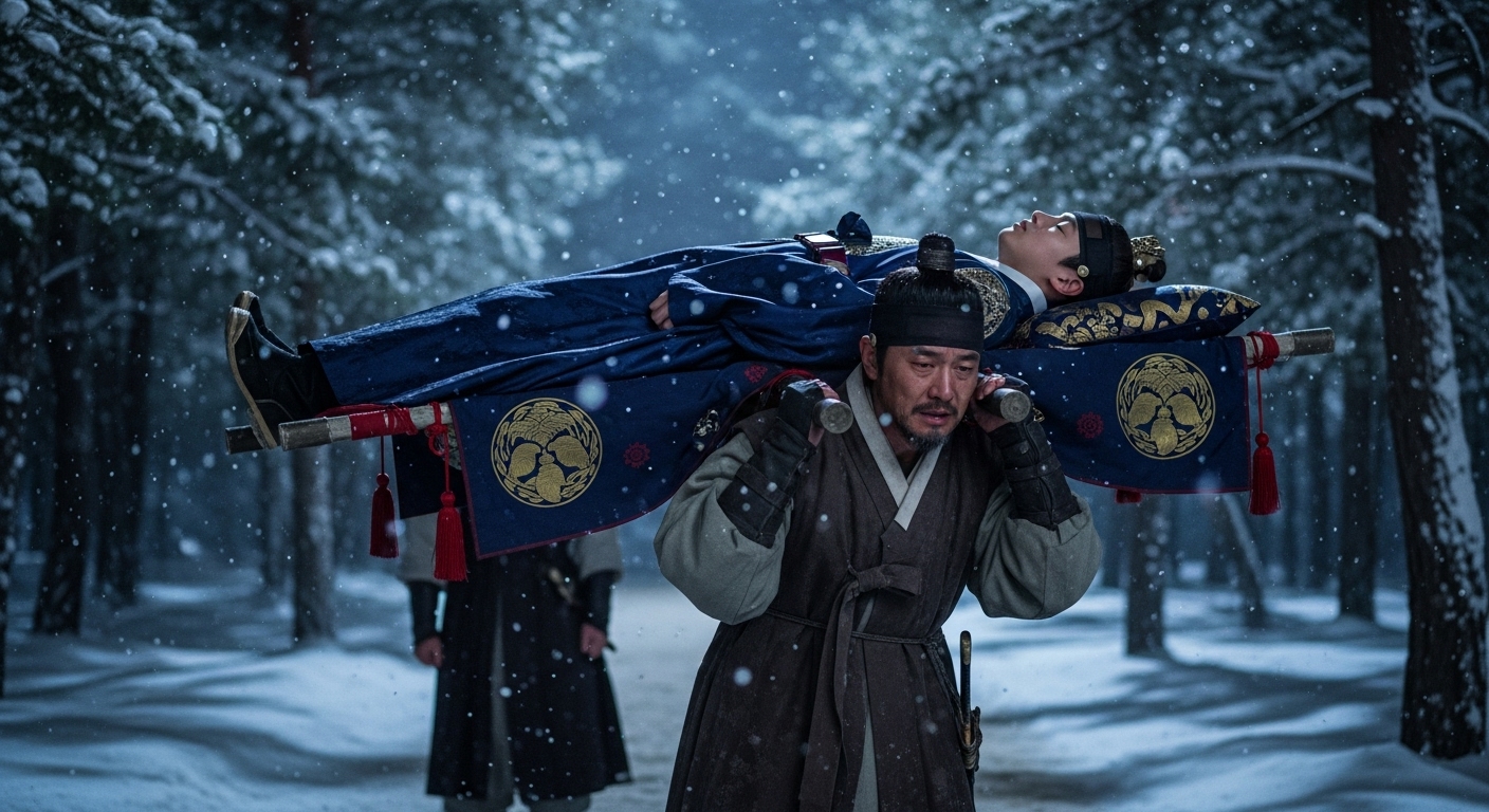 눈보라 치는 밤 엄흥도가 목숨을 걸고 단종의 시신을 어깨에 메고 산으로 향하는 장면