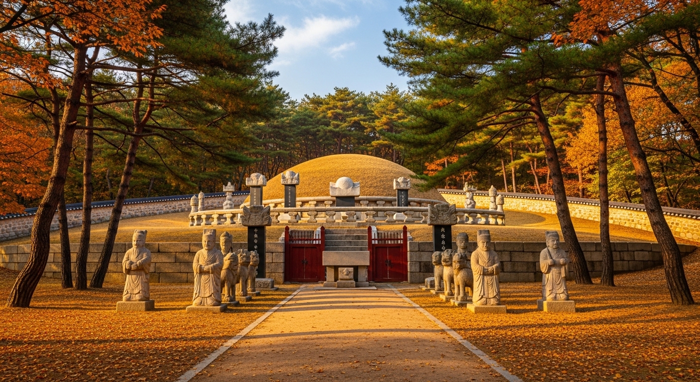 강원도 영월에 위치한 단종의 능 장릉, 소나무 숲에 둘러싸인 왕릉과 석물들