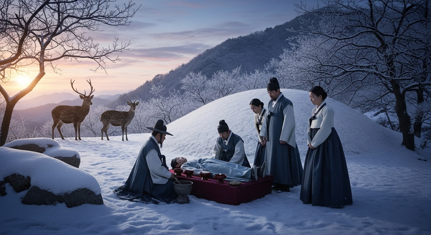 눈 덮인 동을지산에서 엄흥도 가족이 단종의 시신을 안장하는 모습, 노루가 지켜보고 있는 장면