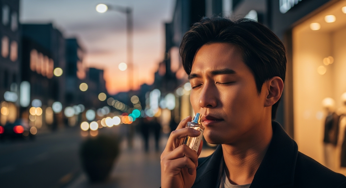 도심 거리에서 향수병을 들고 냄새를 맡으며 추억을 떠올리는 남성, 냄새와 기억의 관계를 표현하는 프루스트 현상 이미지