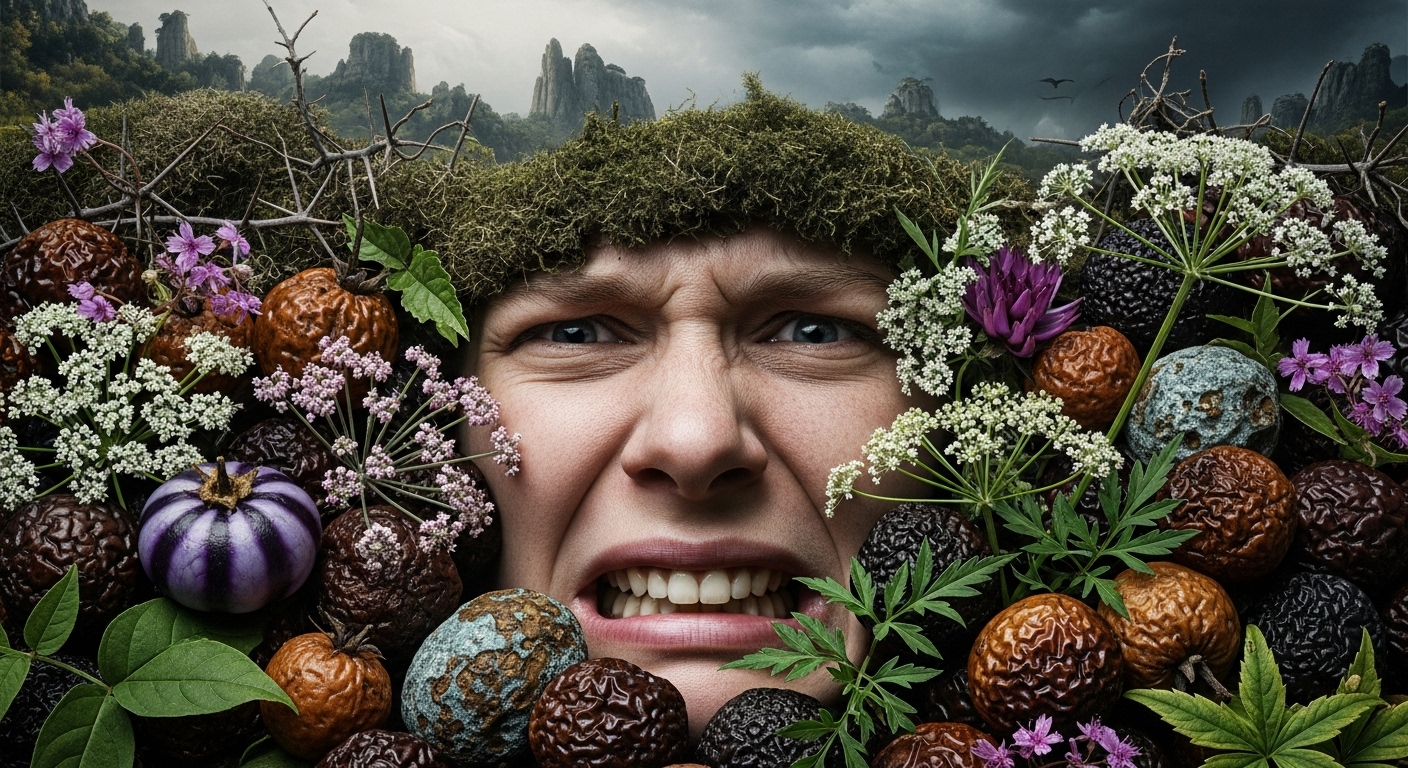 다양한 자연 식물과 향료에 둘러싸인 사람의 얼굴, 1만 가지 냄새를 구별하는 후각 수용체의 작동 원리를 상징하는 이미지