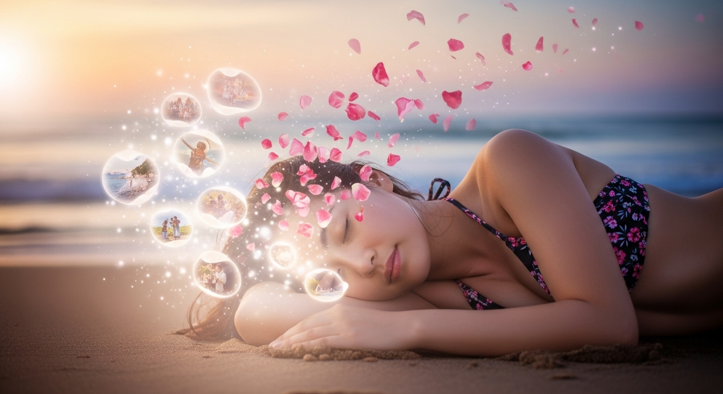 장미 꽃잎과 함께 과거 추억들이 떠오르는 여성의 모습, 향기가 뇌의 해마를 활성화시켜 기억력을 향상시키는 원리를 시각화한 이미지