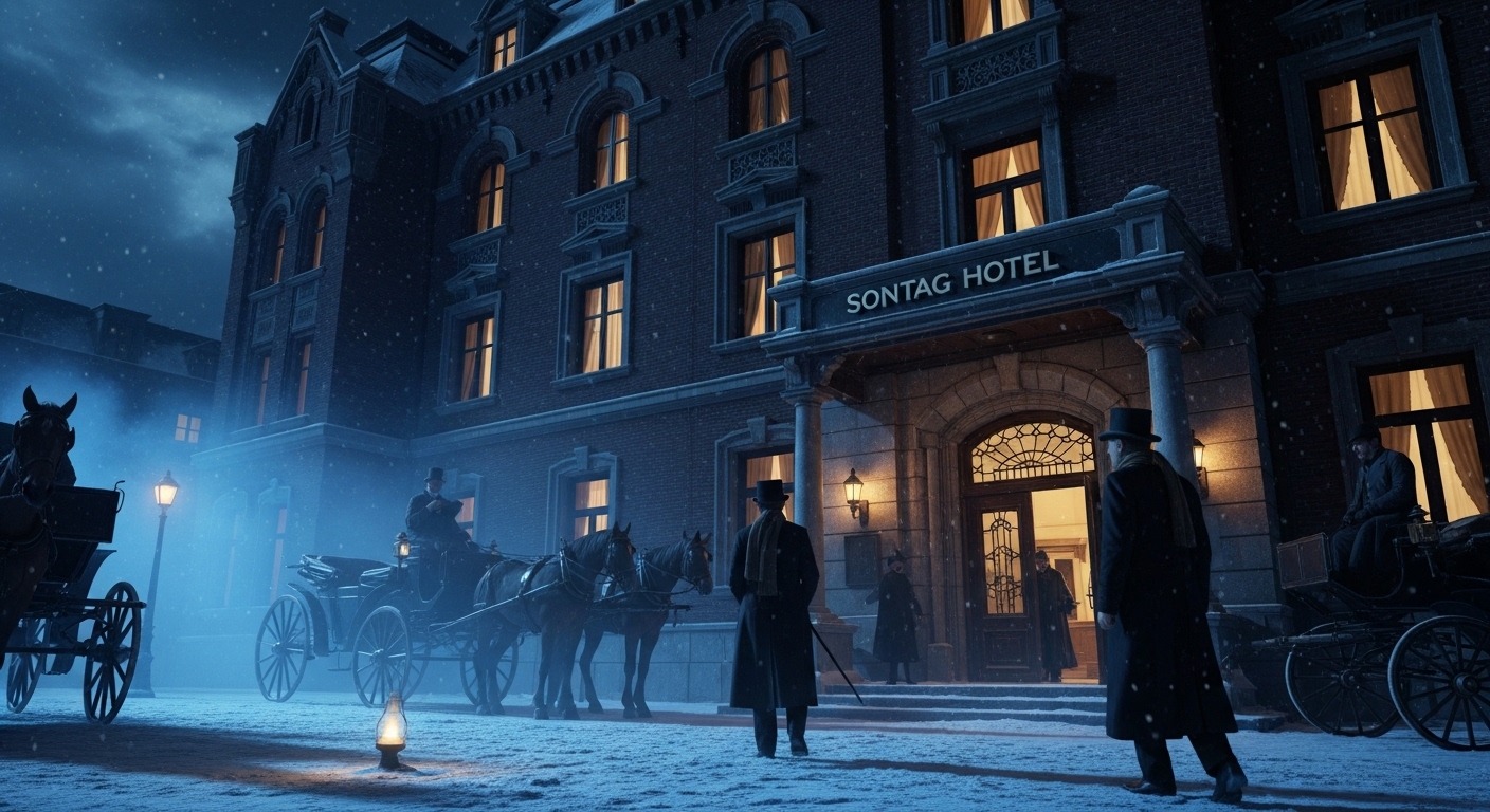 눈 내리는 겨울밤 손탁호텔 정문 앞 마차와 신사들, 1900년대 초 고종 시대 정동 일대 조선 최초 서양식 호텔의 모습