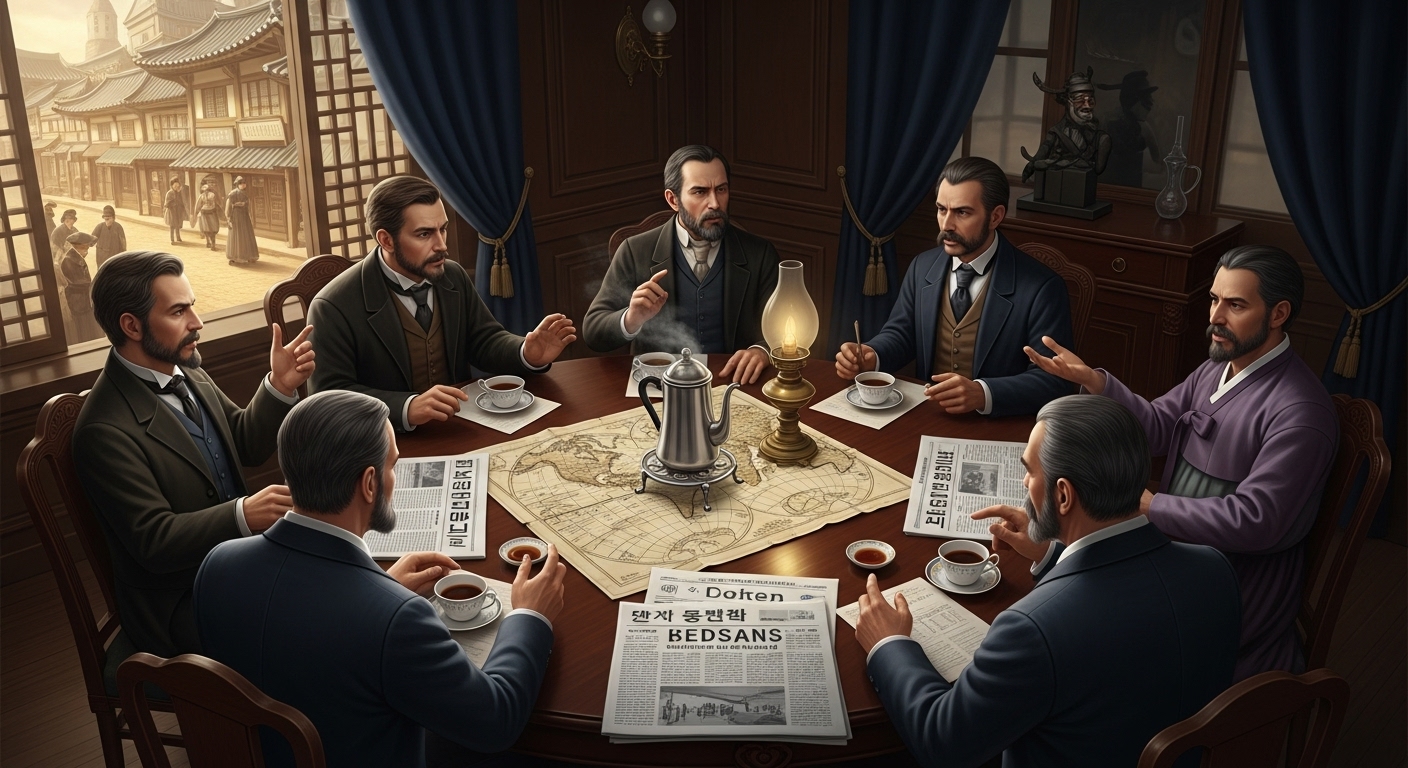 손탁호텔에서 커피를 마시며 신문과 지도를 보고 회의하는 외교관들과 조선 관료들, 1900년대 정동구락부의 정보 교류 장면