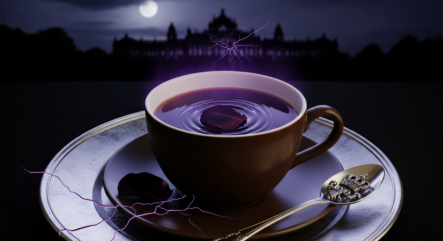 보랏빛 독이 든 커피잔과 깨진 접시, 배경의 경운궁 실루엣, 1898년 9월 11일 손탁호텔에서 발생한 고종 황제 커피 독살 미수 사건을 상징하는 이미지