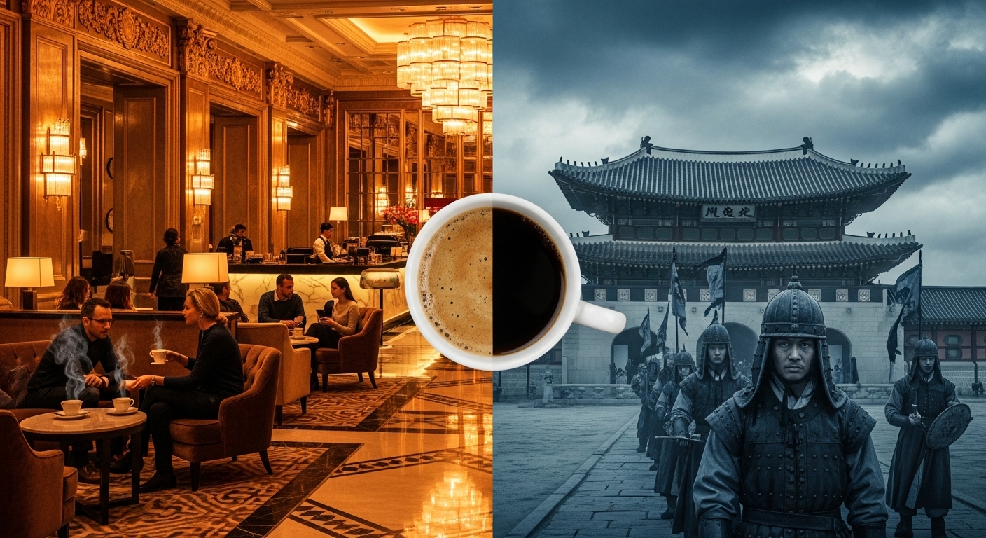 화려한 서양식 호텔 카페와 경운궁 근위병의 대비, 1900년대 손탁호텔과 조선 왕실 사이의 문명 충돌과 공존을 상징하는 이미지
