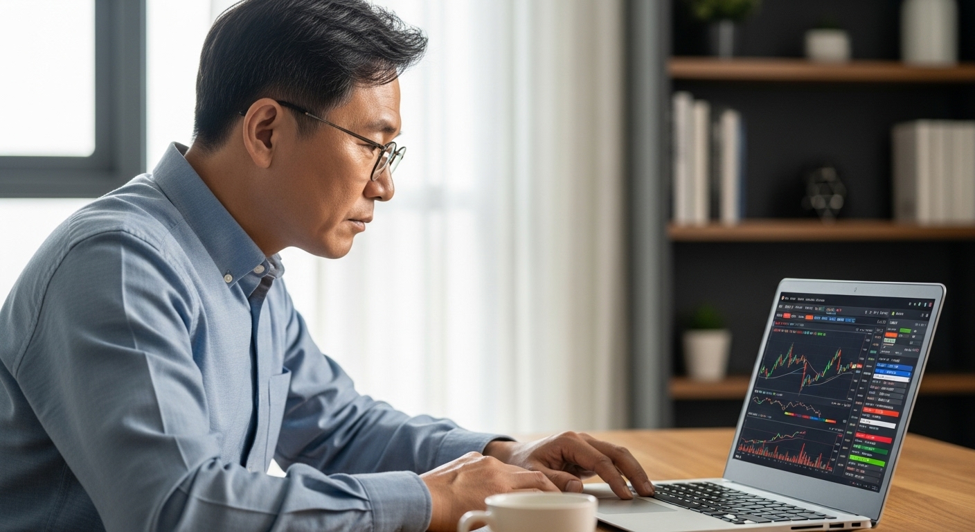 2026년 코스피 전망을 분석하는 한국 투자자가 노트북으로 주식 차트를 확인하고 있는 모습