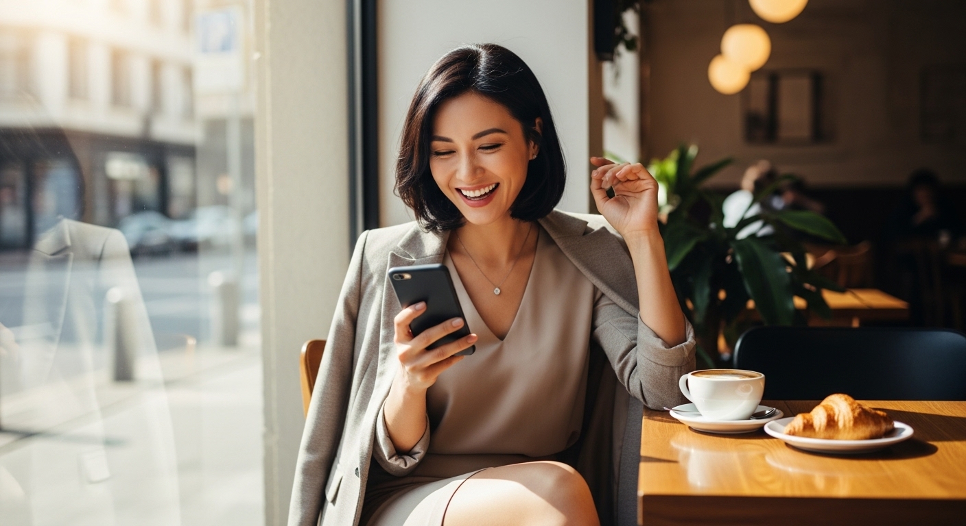 2026년 코스피 투자 성과를 확인하며 환하게 웃고 있는 한국 여성 투자자의 모습