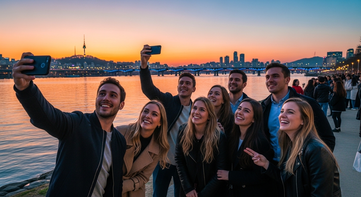 2026년 코스피 상승을 기대하며 서울 한강변에서 환하게 웃고 있는 한국 청년 투자자들의 모습