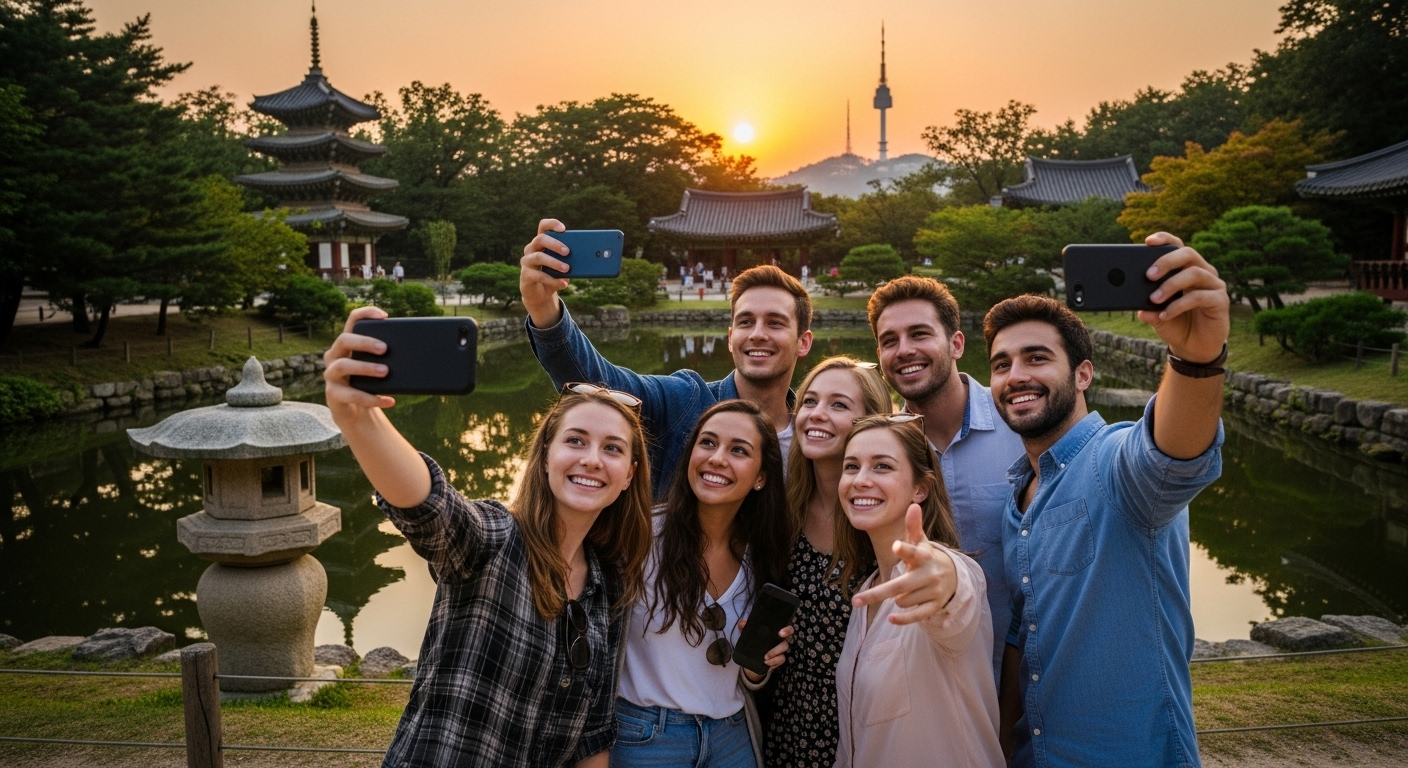 2026년 한국 증시 성장을 기대하며 서울 전통 정원에서 환하게 웃고 있는 국내외 투자자들의 모습