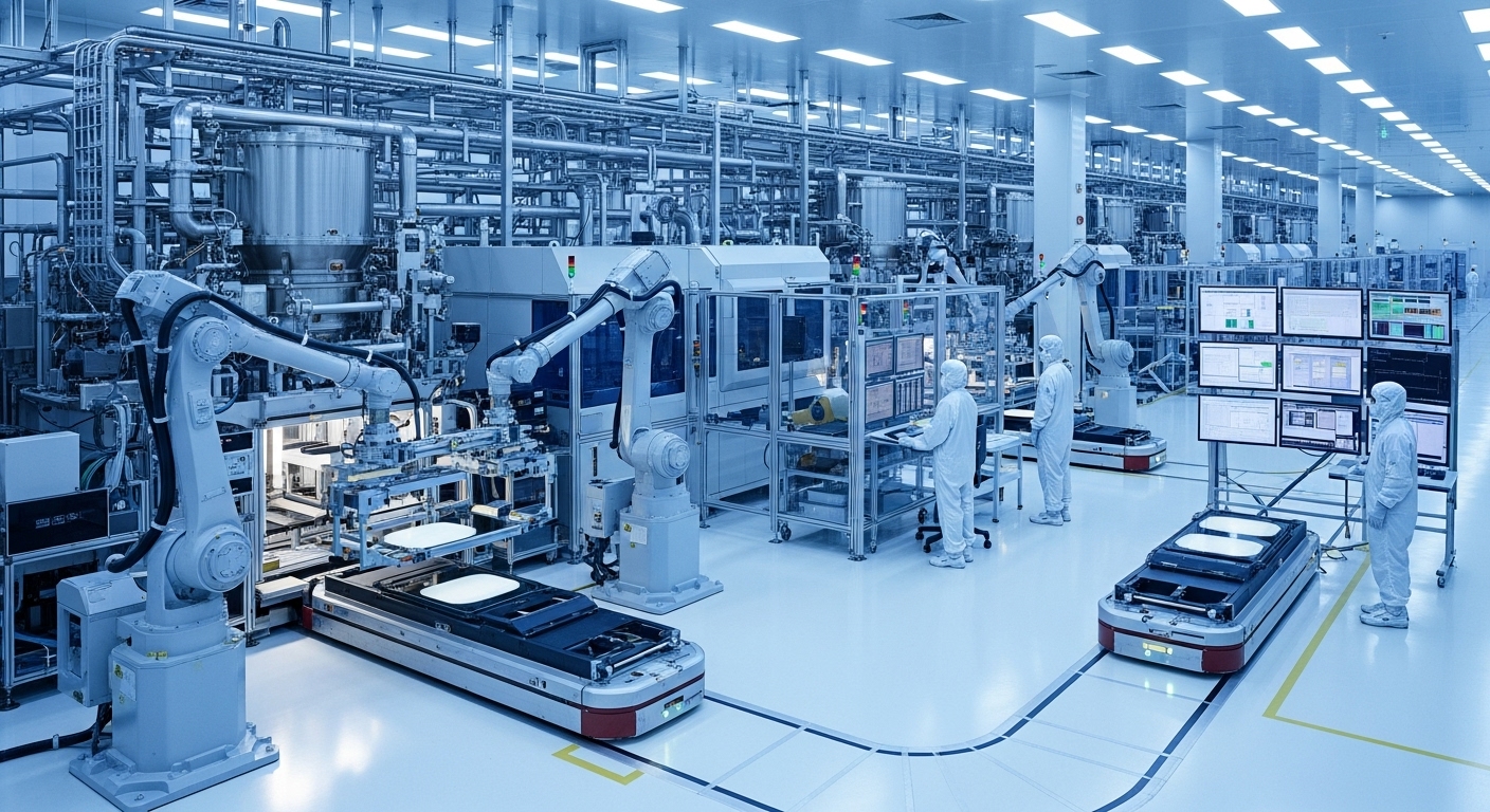2026년 코스피 상승을 이끌 한국 첨단 반도체 제조 공장의 자동화 생산라인 모습