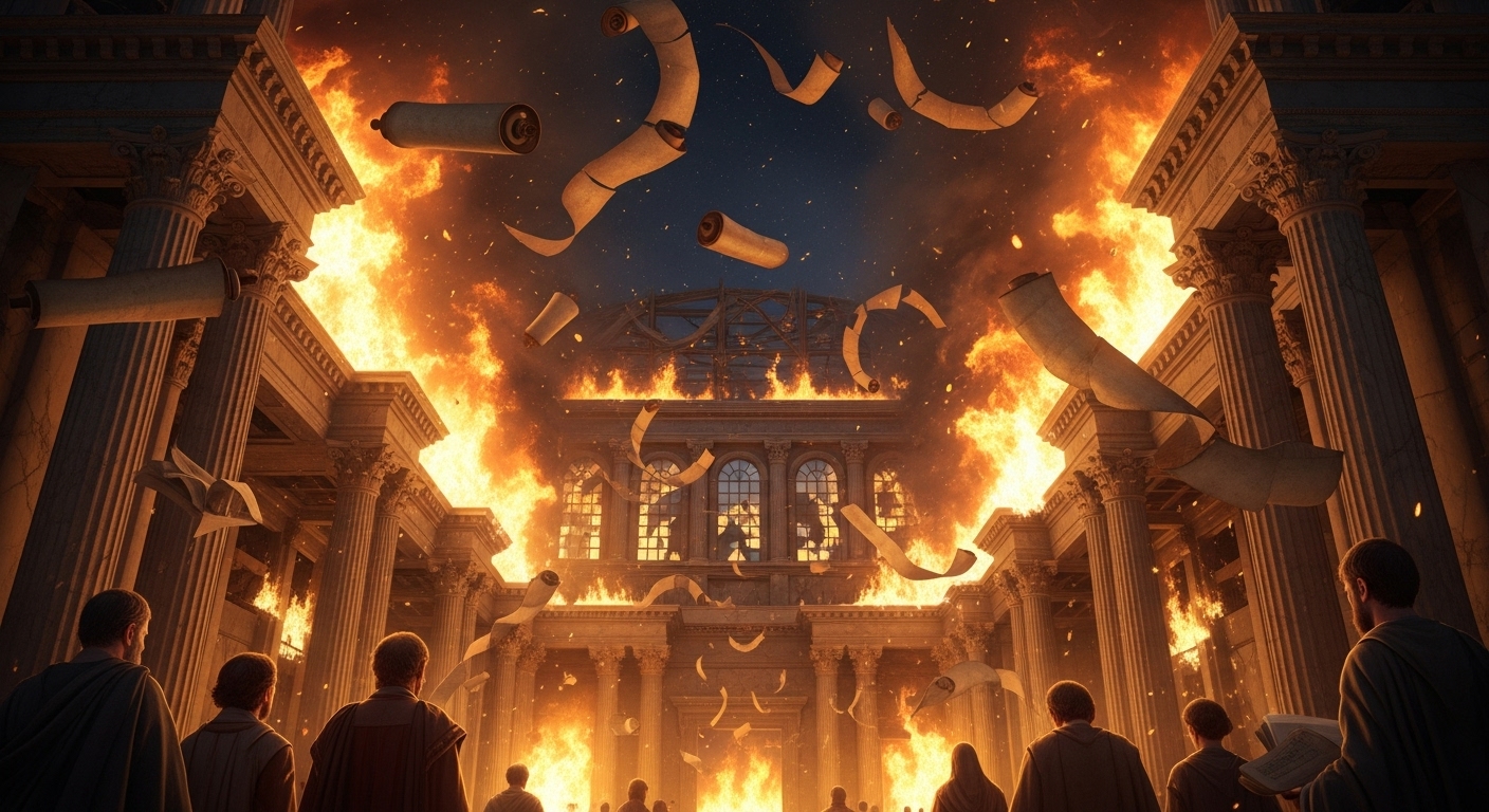 알렉산드리아 도서관 화재 장면 - 불타는 고대 도서관과 날아가는 파피루스 두루마리
