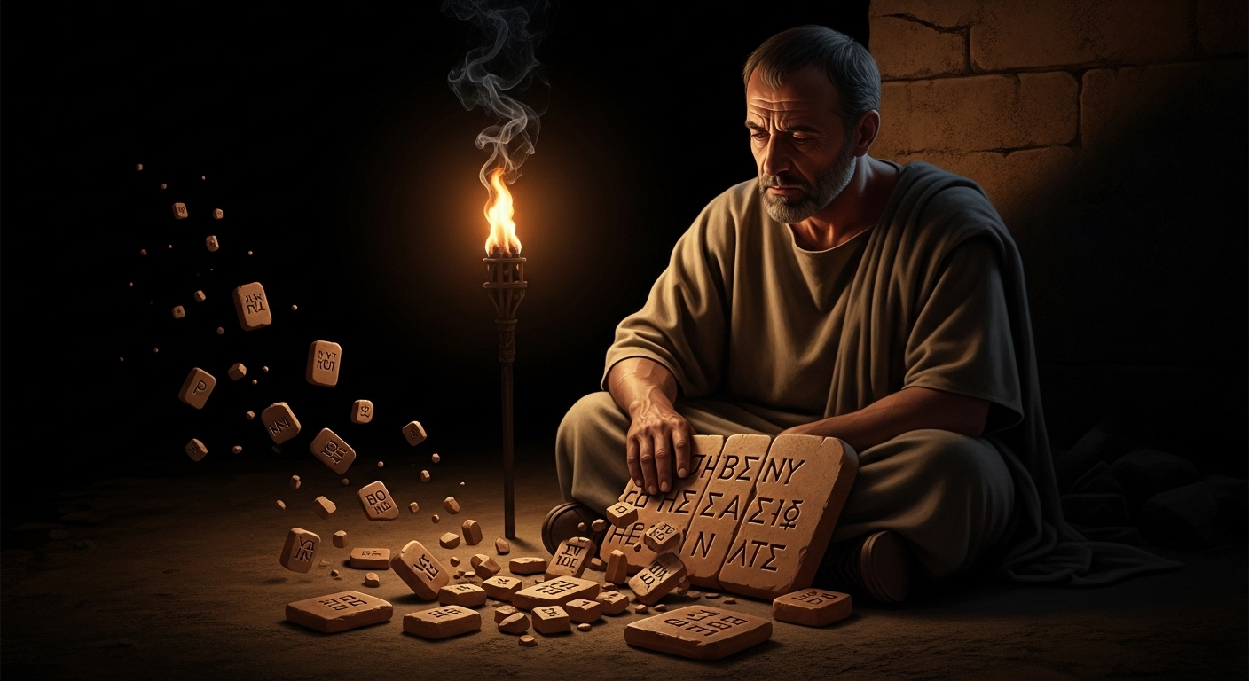 그리스 암흑시대 학자가 부서진 선형 B 문자 점토판을 복원하려는 모습 - 잃어버린 문자 체계