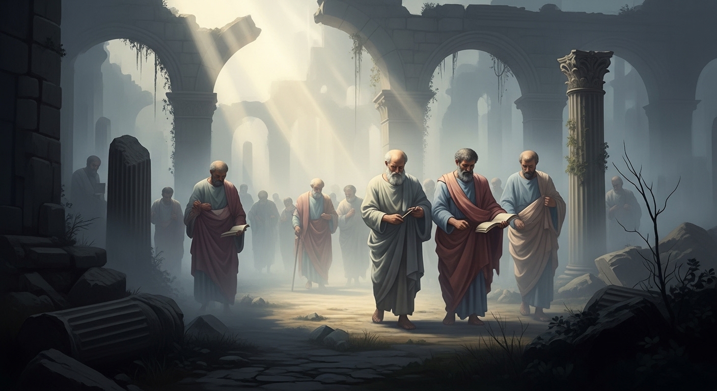 폐허가 된 고대 신전에서 책과 지식을 보존하려는 학자들 - 문명 붕괴 속 지식 전승