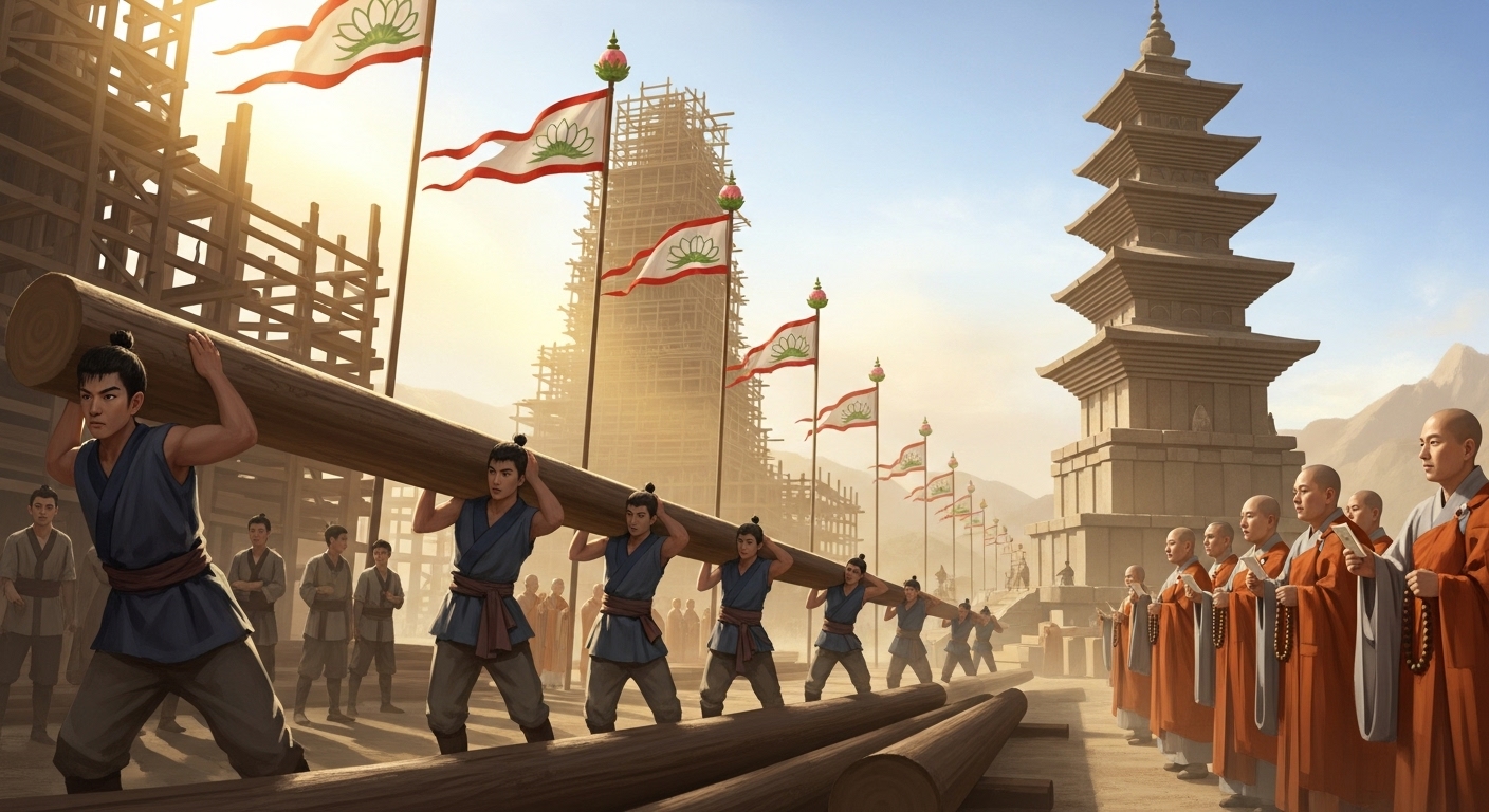 백제 무왕 시대 미륵사 건축 장면 - 서동의 정치적 야망과 권력 구축