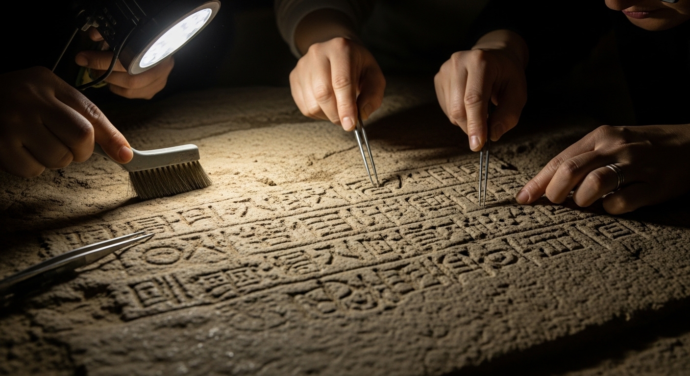 서동요 관련 고대 비문과 역사 기록을 복원하고 연구하는 모습 - 숨겨진 진실 찾기