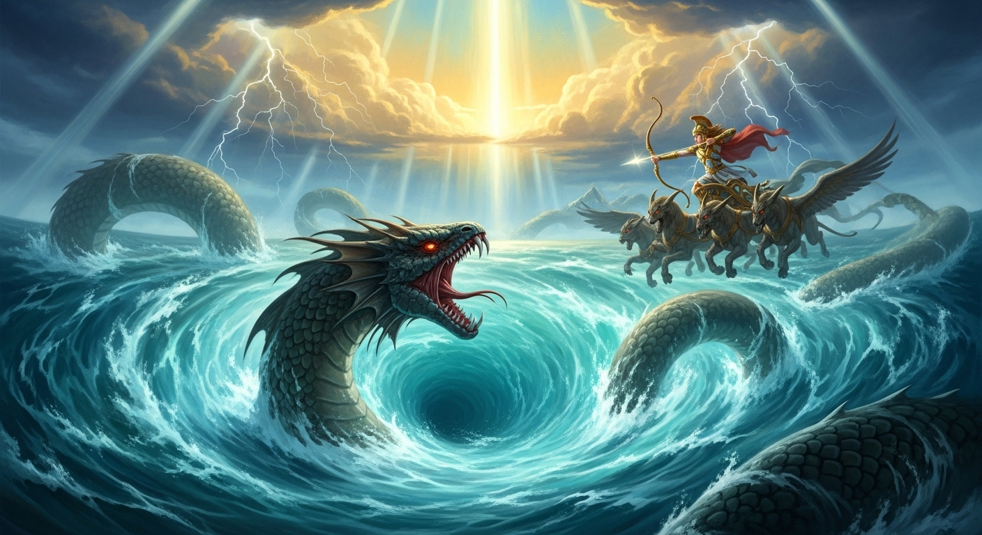 에누마 엘리시 마르두크와 티아마트의 전투 장면을 묘사한 메소포타미아 신화 일러스트, 아슈르바니팔 도서관 점토판에 기록된 바빌로니아 창조 신화