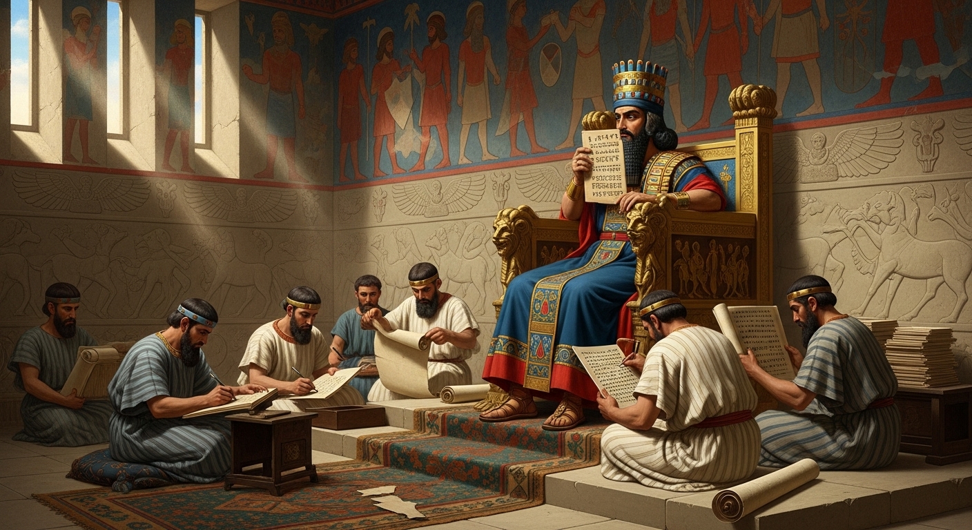 기원전 7세기 아슈르바니팔 왕이 니네베 왕궁 도서관에서 학자들과 함께 점토판 문서를 검토하는 모습, 고대 아시리아 제국의 지식 수집 장면