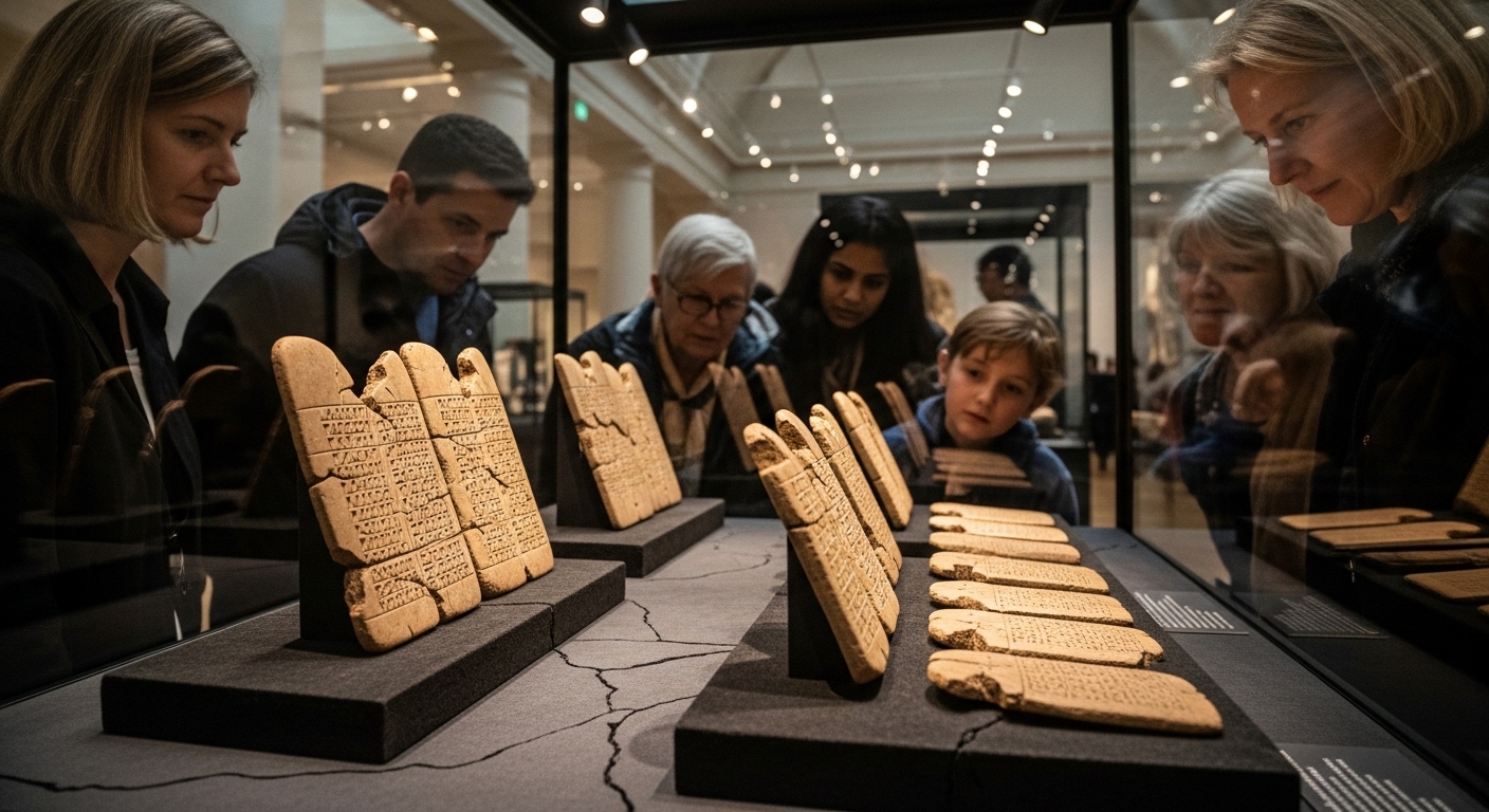 대영박물관에 전시된 아슈르바니팔 도서관 점토판, 설형문자가 새겨진 고대 메소포타미아 문서를 관람하는 관람객들